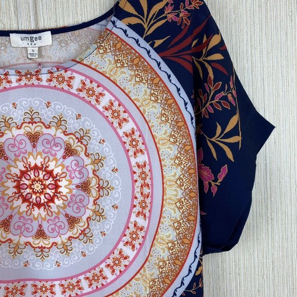 Navy Orange Floral Medallion Print Tunic Top S M - Picture 8 of 9